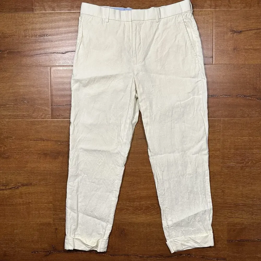 Ralph Lauren Linen Pants Mens 32x26 Ivory Cuffed Straight Leg Old Money Luxury